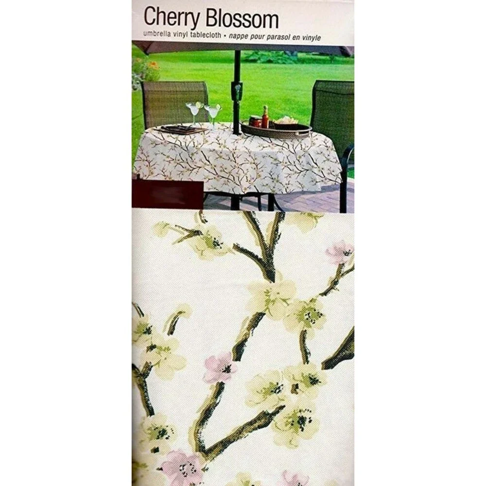Cherry Blossom Vinyl Tablecloth Zipper Umbrella Table Flannel Backed 60x84